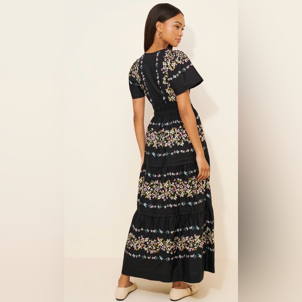 Anthropologie Somerset Maxi Dress Black Floral 100% Cotton Smocked Waist Size M - Picture 2 of 7